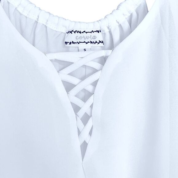 Corvia Women’s Semi Sheer Sleeveless White Criss Cross Tank Top Size Small - Picture 2 of 6